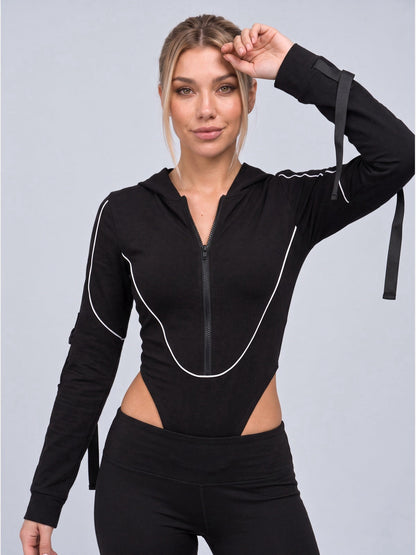 High-Cut Hooded Zip-Front Long-Sleeve Bodysuit