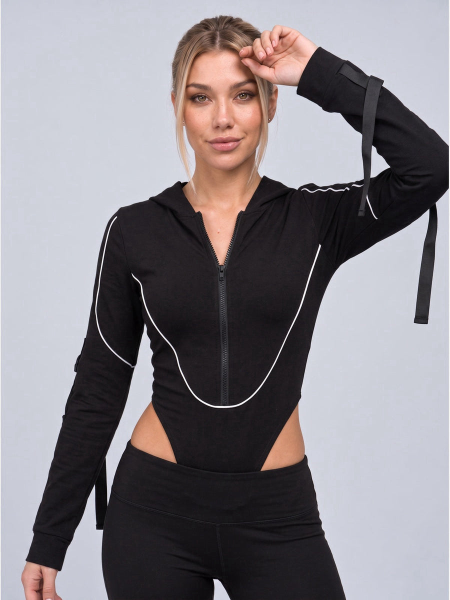 High-Cut Hooded Zip-Front Long-Sleeve Bodysuit