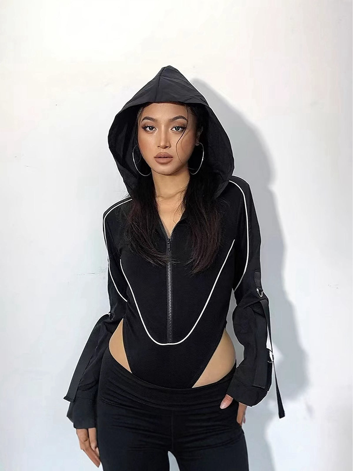 High-Cut Hooded Zip-Front Long-Sleeve Bodysuit