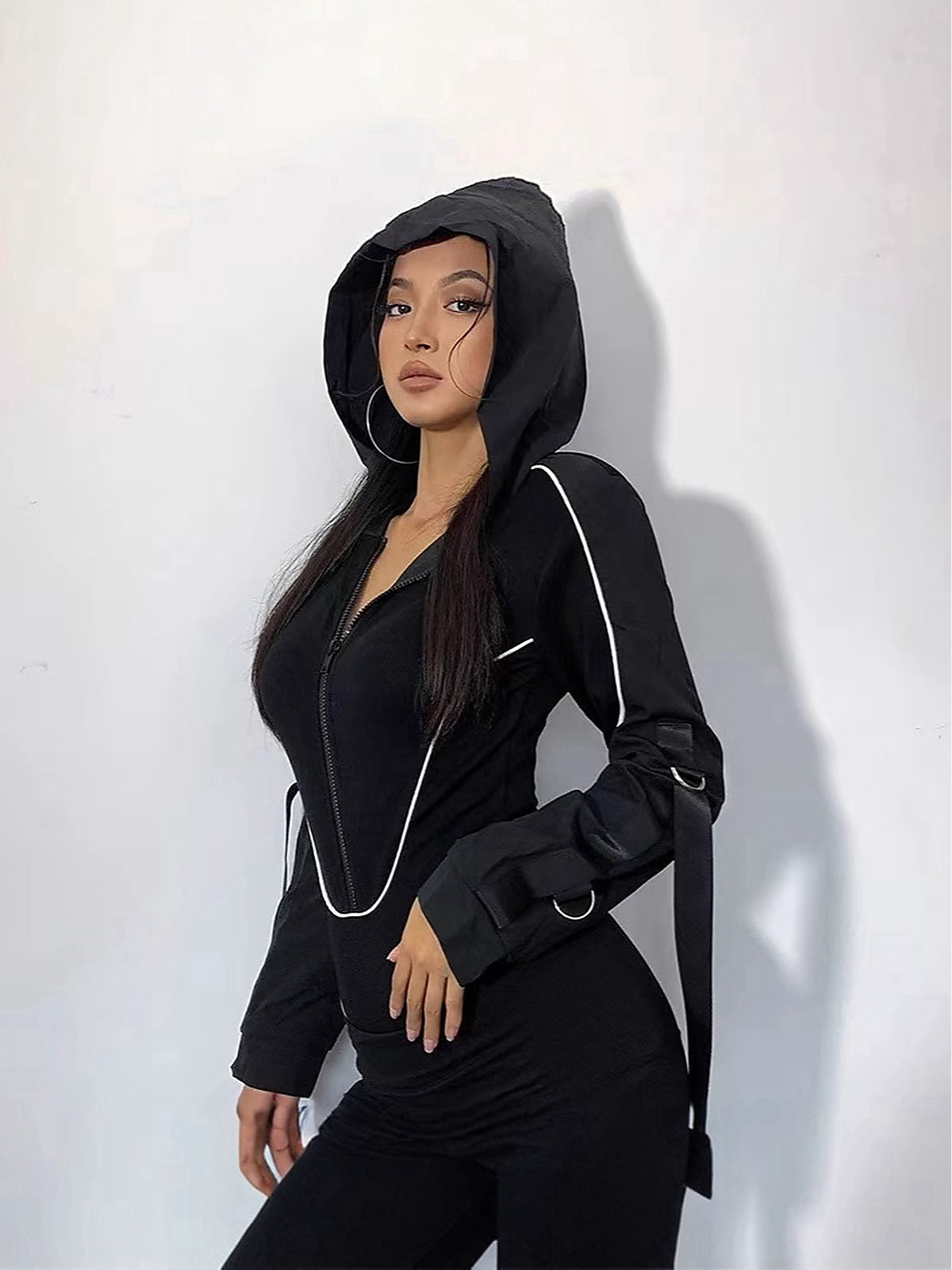 High-Cut Hooded Zip-Front Long-Sleeve Bodysuit