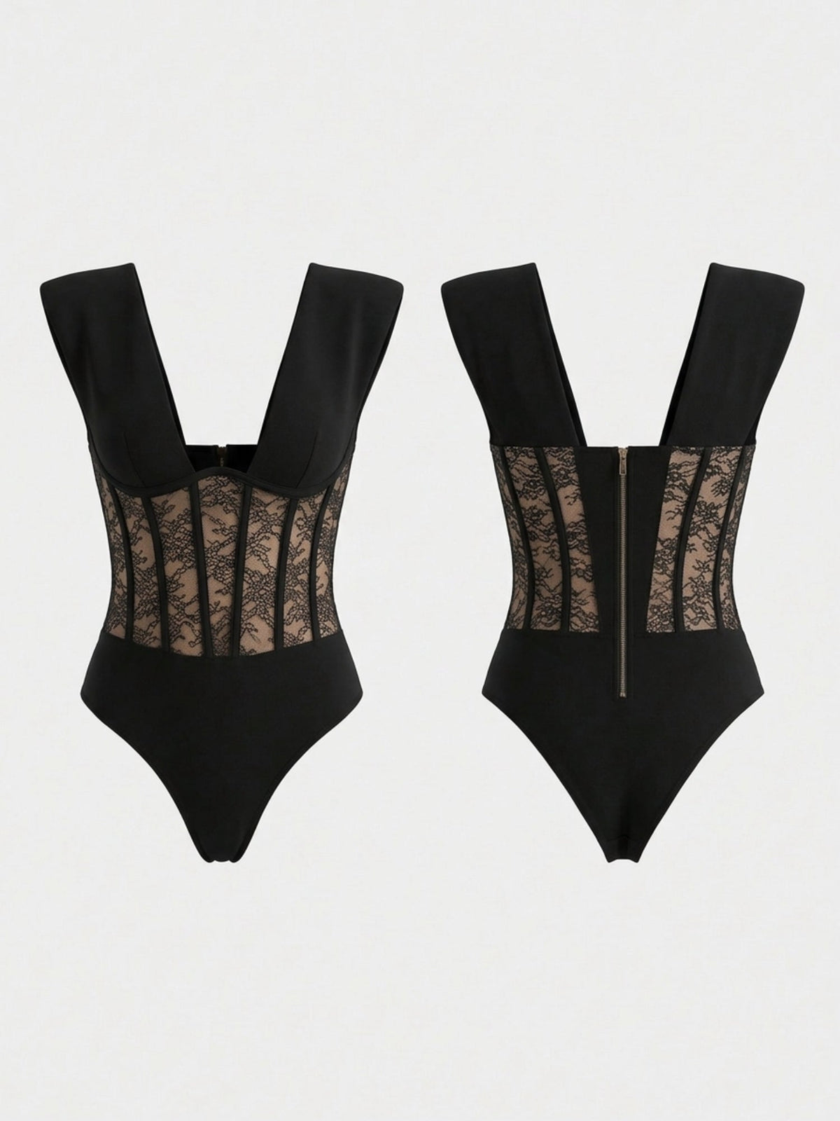 Deep V-Neck Lace Bodysuit with Padded Shoulders