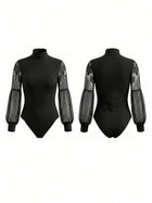 Black Mock Neck Lace Sheer Puff Sleeve Bodysuit
