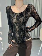 Sheer Floral Lace Long Sleeve U-Neck Bodysuit
