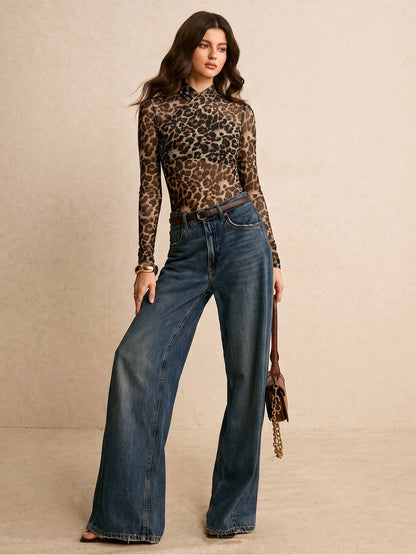 Leopard Print Sheer Mesh Mock Neck Bodysuit