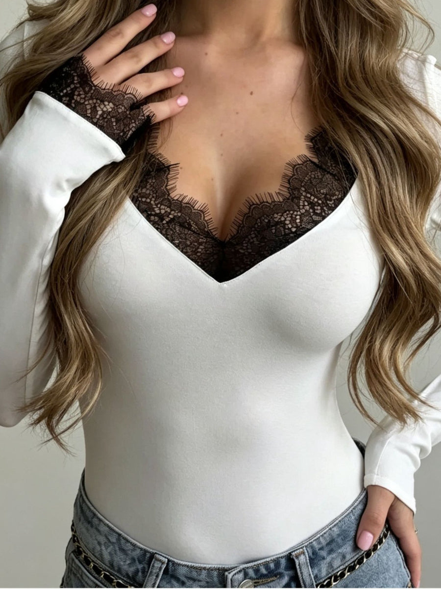 Lace Trim Long Sleeve Sculpting Bodysuit