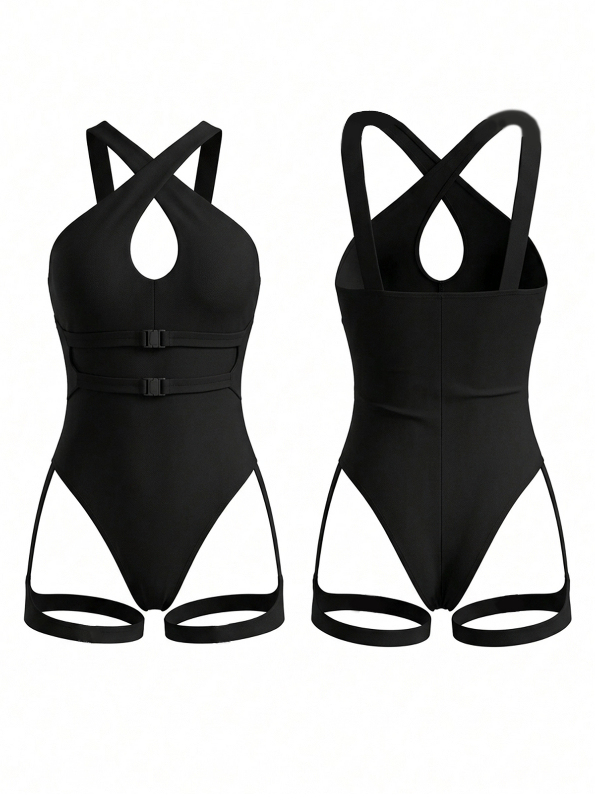 Black Halter Keyhole Buckle Bodysuit with Thigh Straps