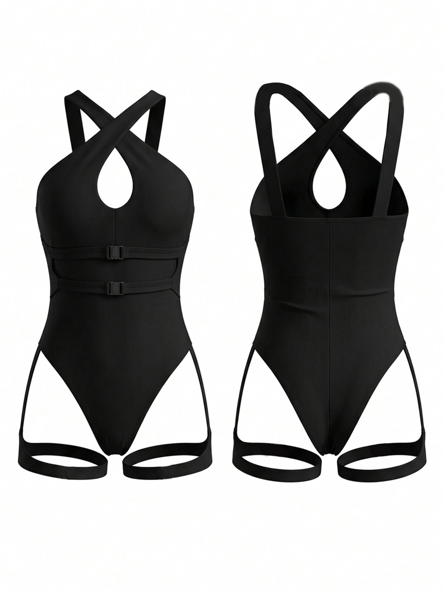 Black Halter Keyhole Buckle Bodysuit with Thigh Straps
