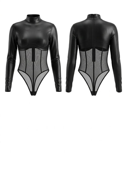 Edgy Faux Leather & Mesh Long Sleeve Thong Bodysuit