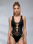 Black Lace Cutout Bodysuit with Gold Hardware