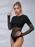 Black Mesh Splicing Long Sleeve Thong Bodysuit