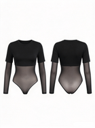 Black Mesh Splicing Long Sleeve Thong Bodysuit