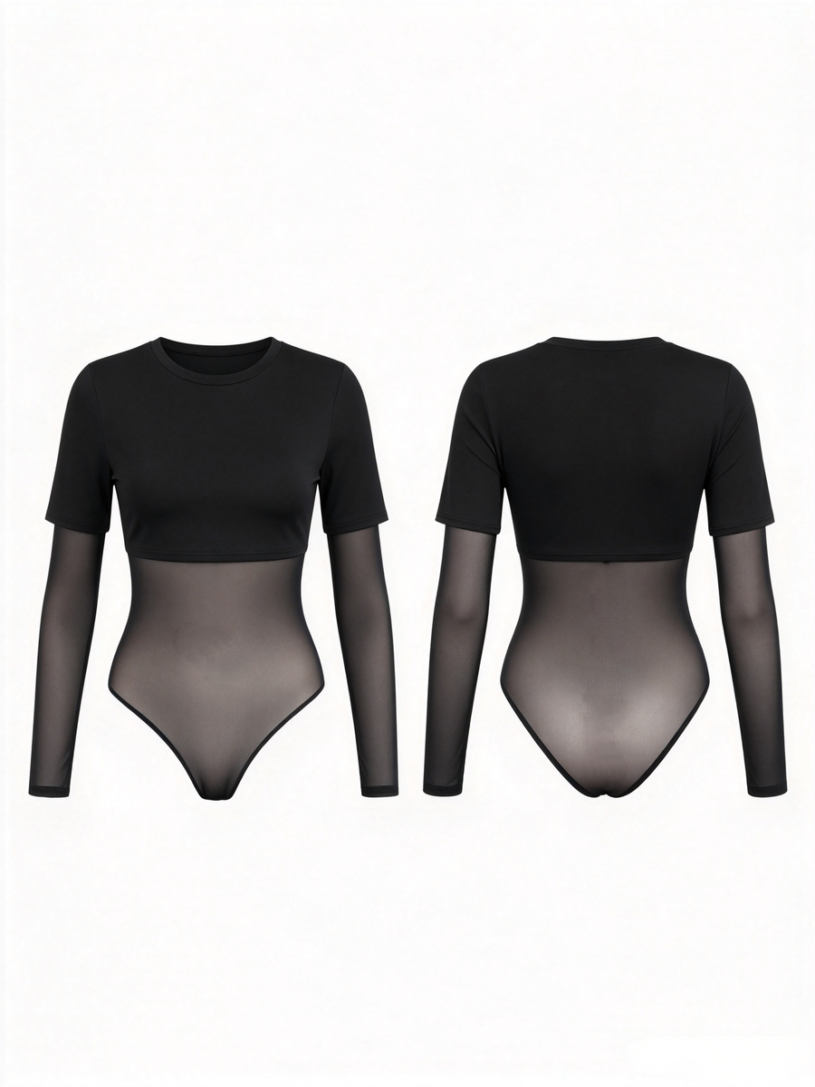 Black Mesh Splicing Long Sleeve Thong Bodysuit