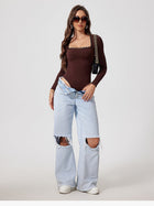 Long Sleeve Lace Trim Square Neck Bodysuit