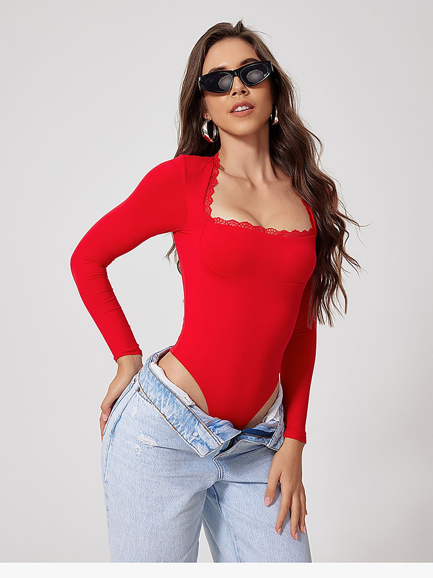 Long Sleeve Lace Trim Square Neck Bodysuit