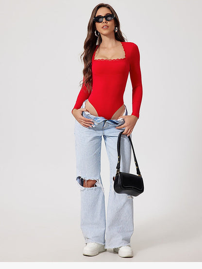 Long Sleeve Lace Trim Square Neck Bodysuit