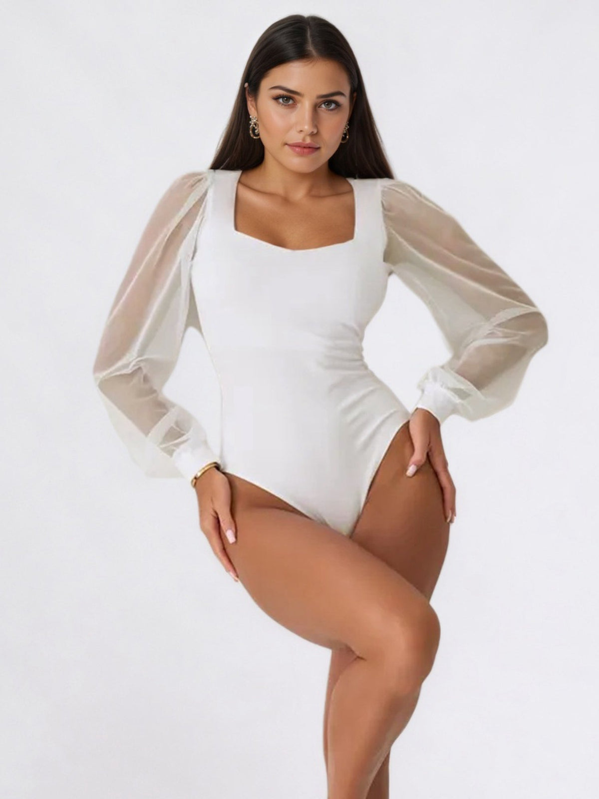 Sheer Balloon Sleeve Square Neck Bodysuit