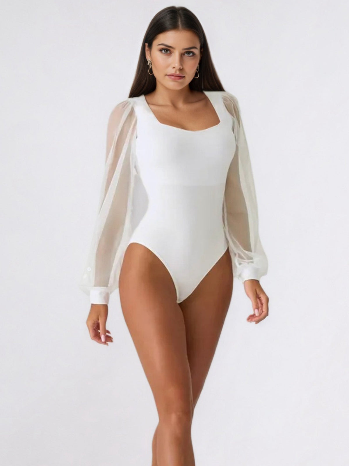 Sheer Balloon Sleeve Square Neck Bodysuit