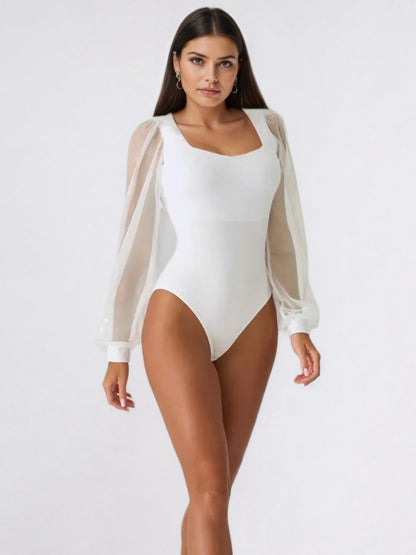 Sheer Balloon Sleeve Square Neck Bodysuit