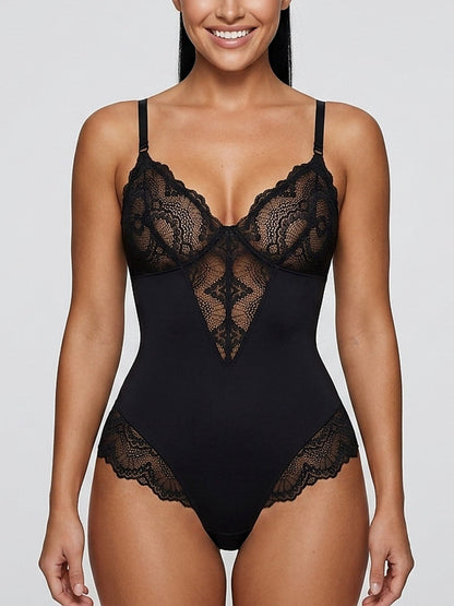 Deep V-Neck Lace Thong Bodysuit