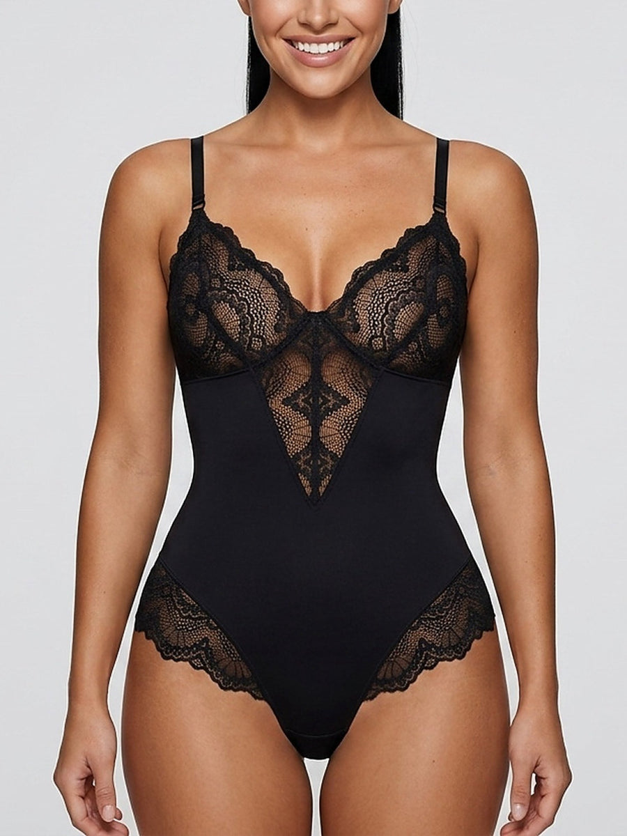 Deep V-Neck Lace Thong Bodysuit