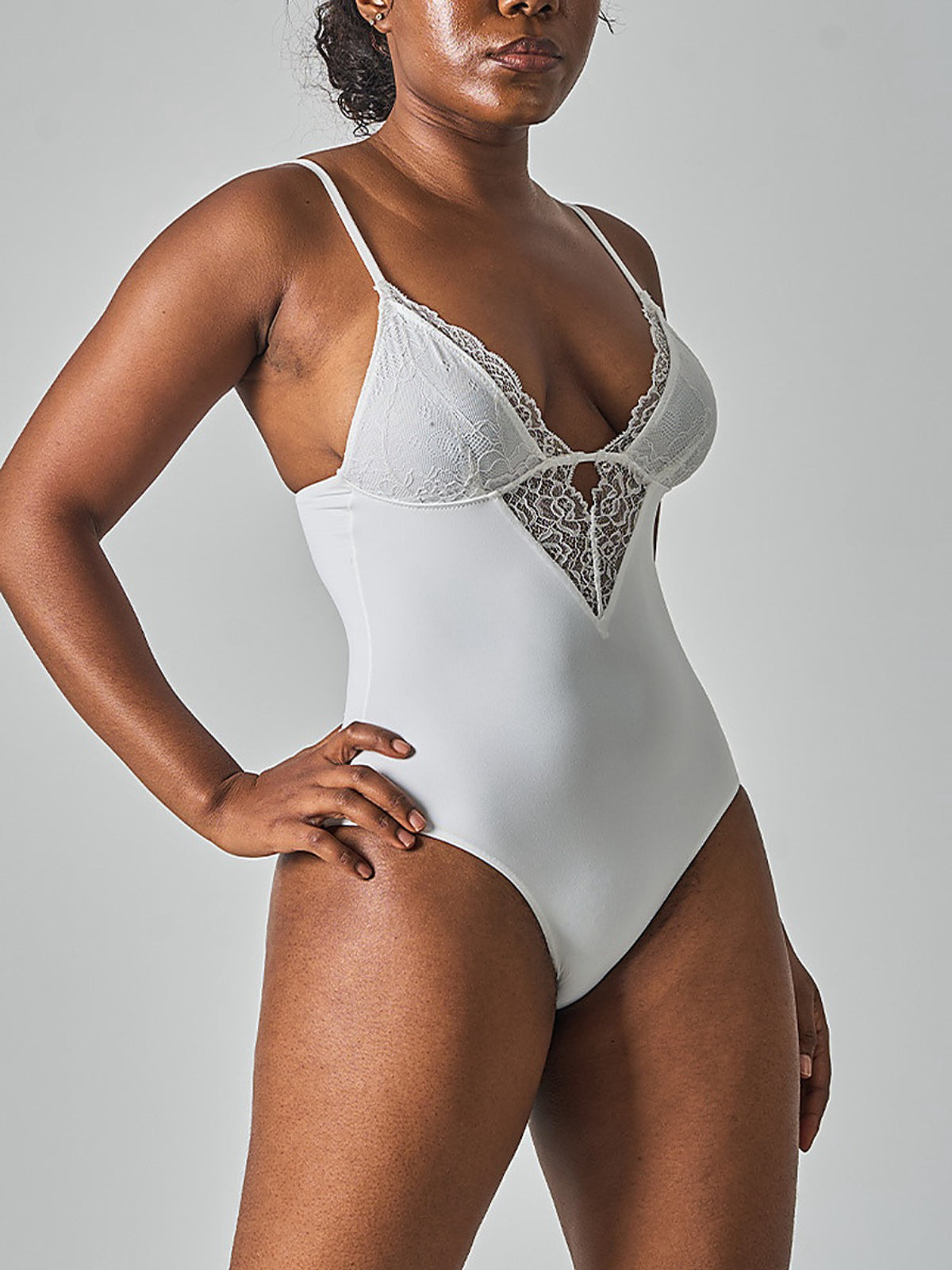 Lace Trim Deep V-Neck Bodysuit