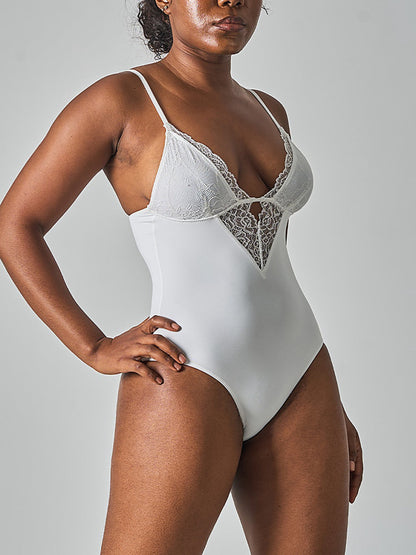 Lace Trim Deep V-Neck Bodysuit