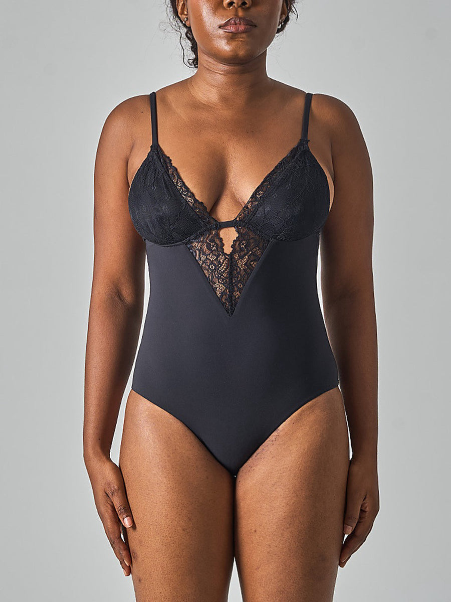 Lace Trim Deep V-Neck Bodysuit