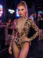Leopard Print Mesh Deep-V Mock Neck Long Sleeve Bodysuit