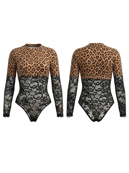 Leopard Print & Lace Long Sleeve Bodysuit