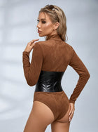 Faux Leather Corset Detail Long Sleeve Bodysuit