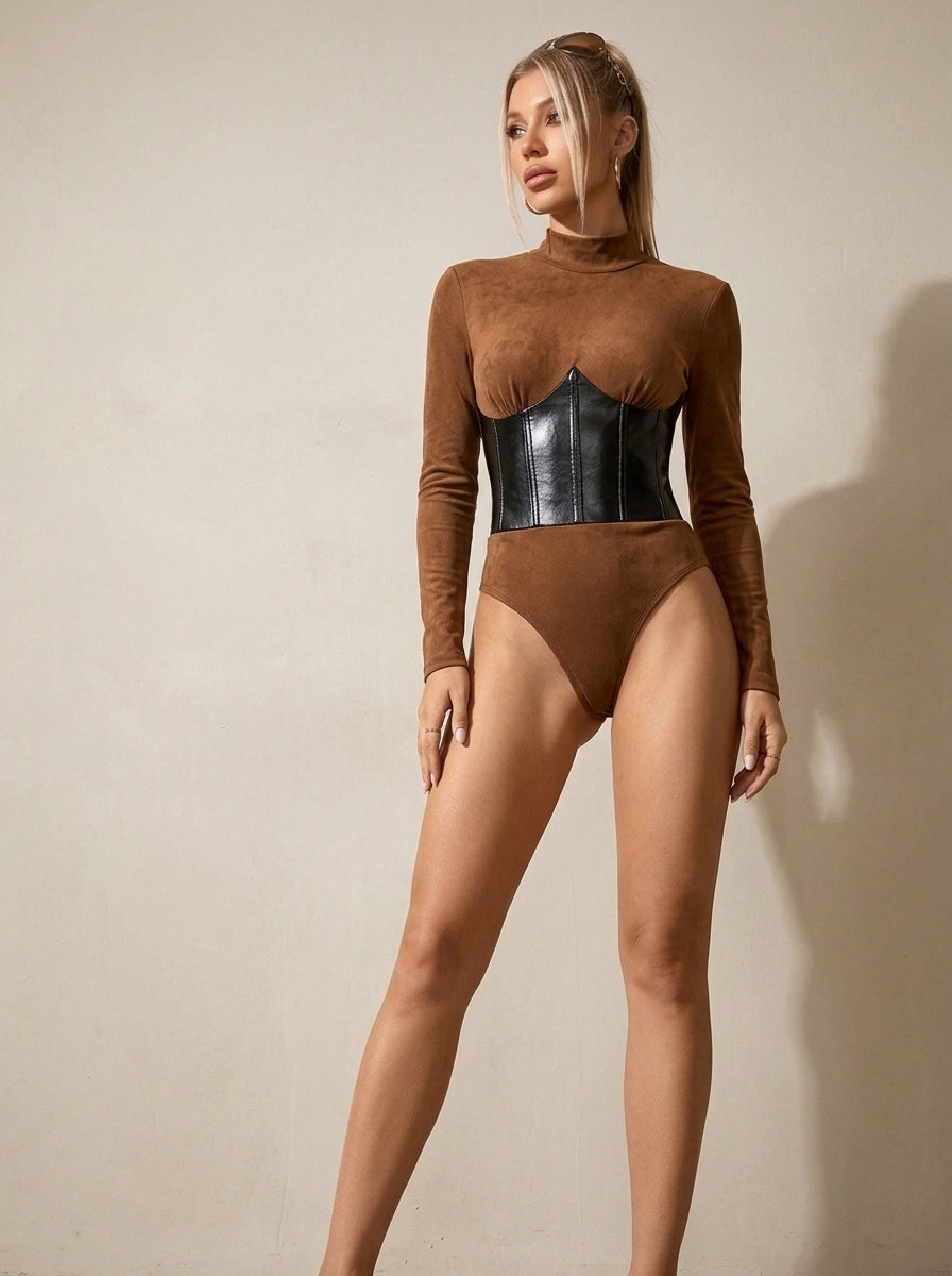 Faux Leather Corset Detail Long Sleeve Bodysuit