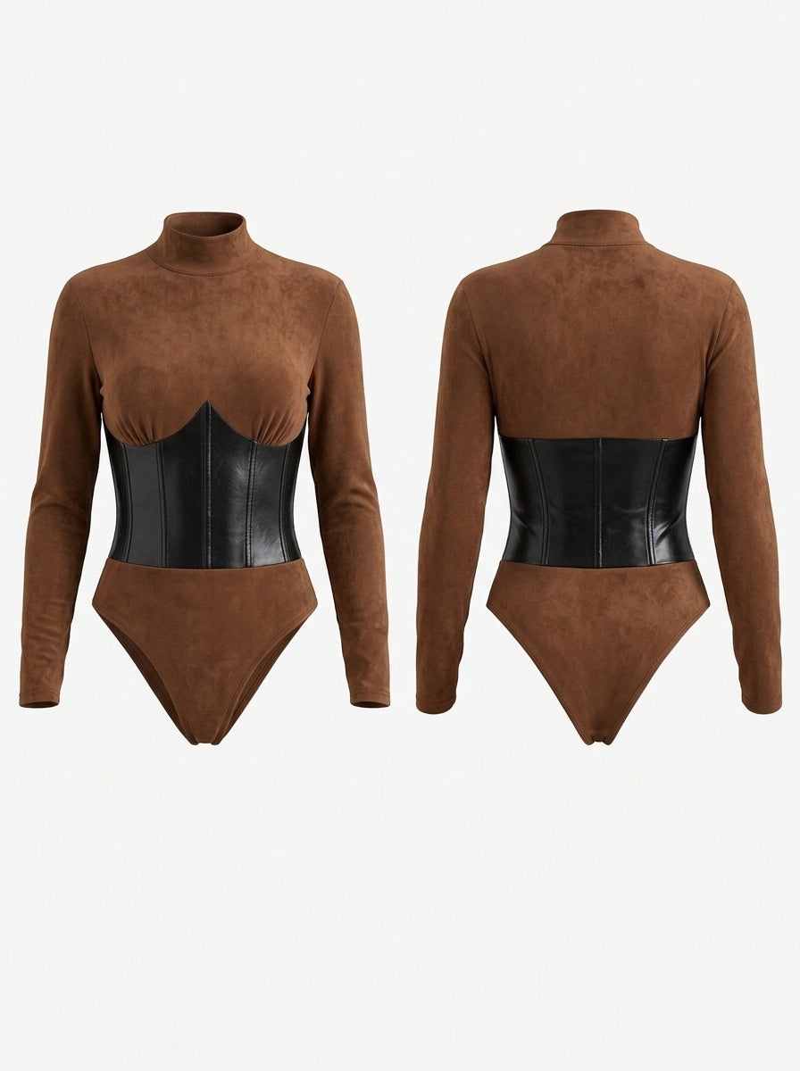 Faux Leather Corset Detail Long Sleeve Bodysuit