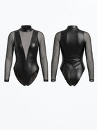Black Mesh Faux Leather Deep V Bodysuit