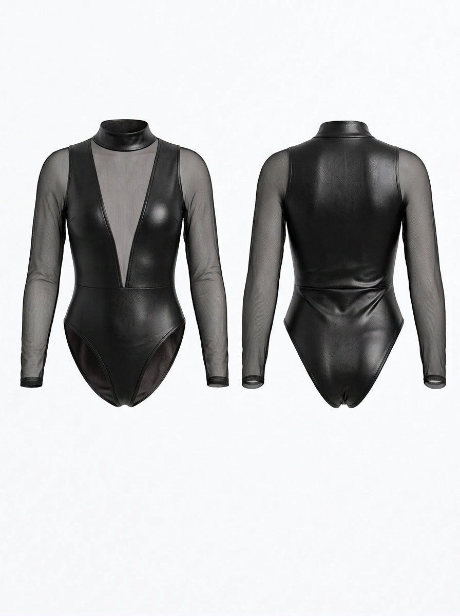 Black Mesh Faux Leather Deep V Bodysuit