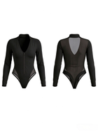 Sexy Zipper Mesh Panel Long Sleeve Bodysuit