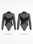 Sheer Mesh & Faux Leather Panel Long Sleeve Bodysuit