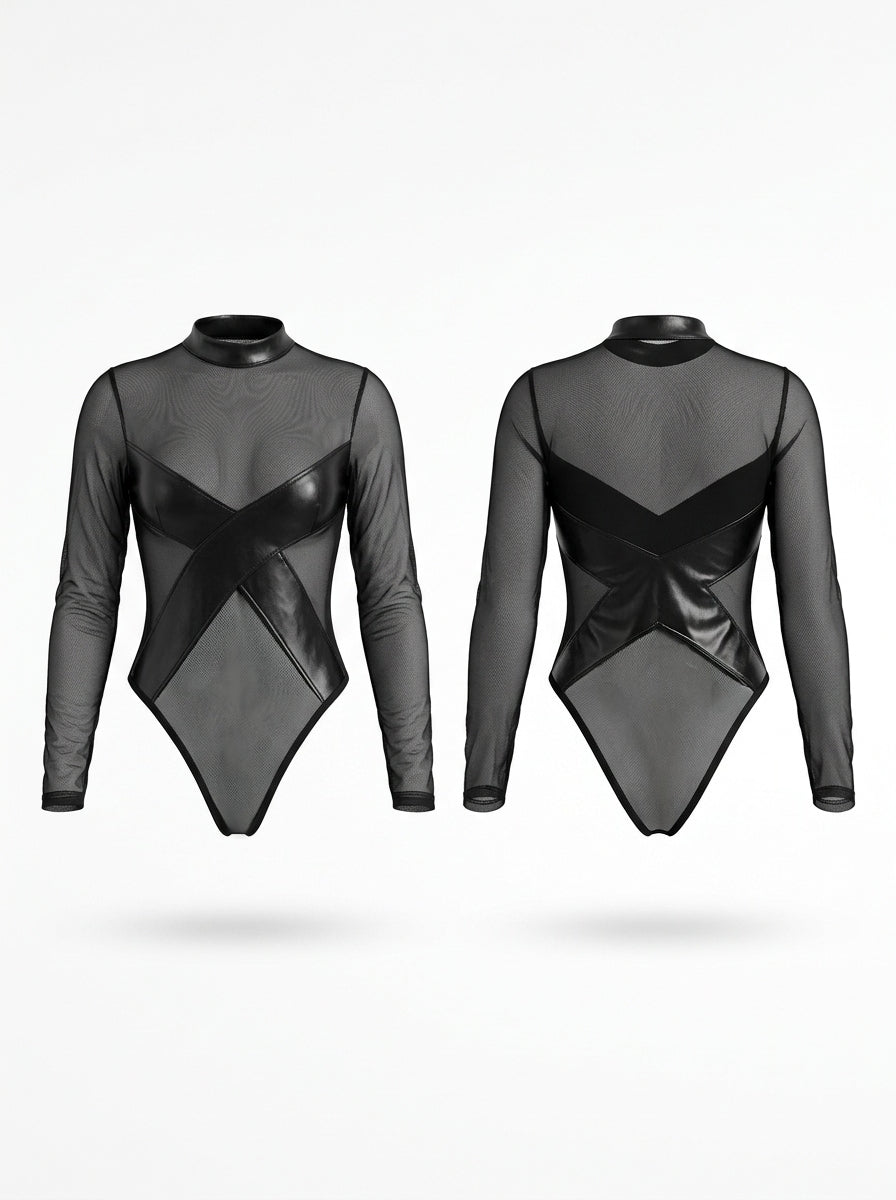 Sheer Mesh & Faux Leather Panel Long Sleeve Bodysuit