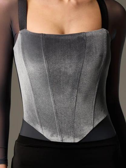 Velvet Corset Mesh Sleeve Bodysuit