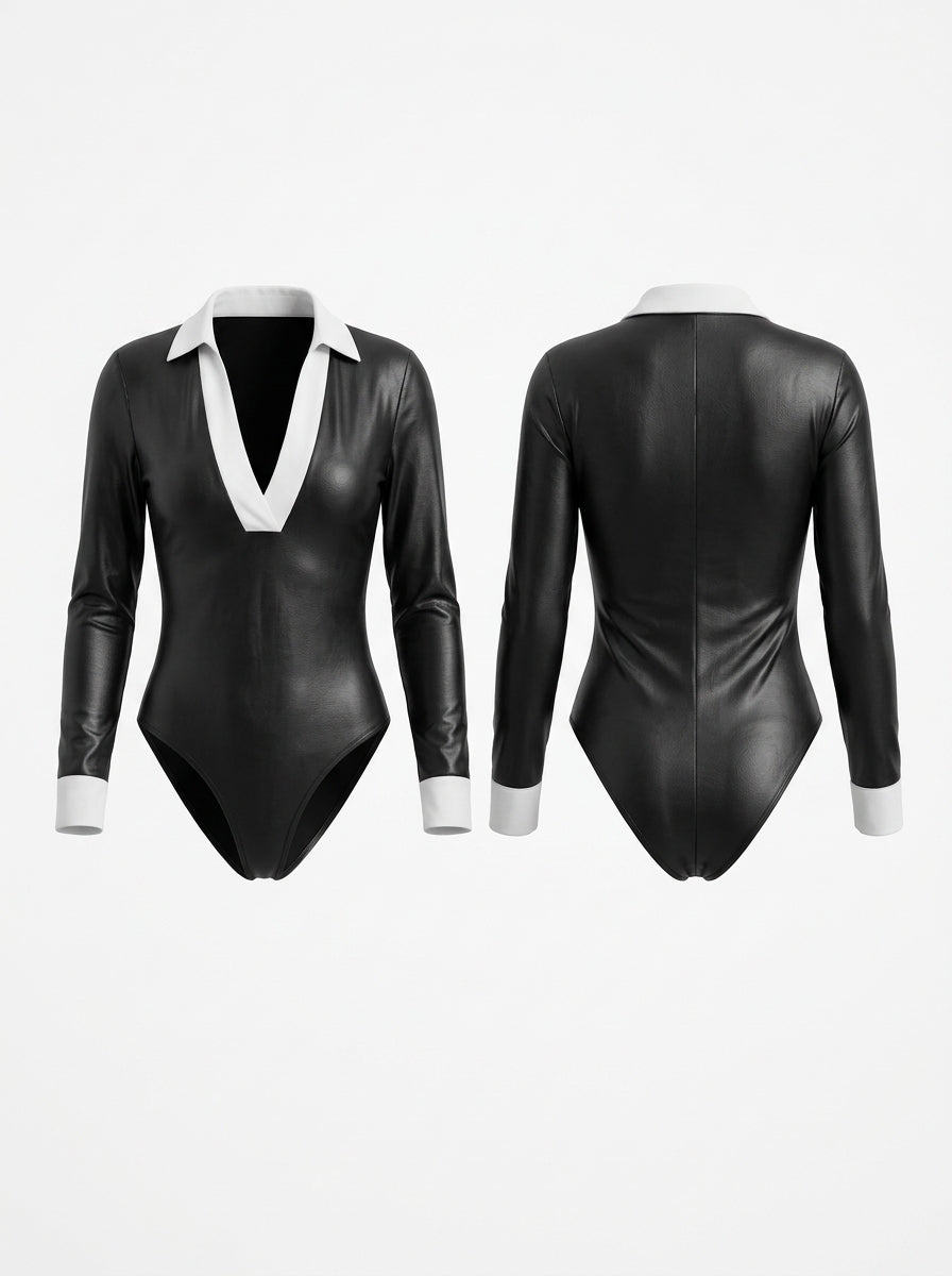 Women's Faux Leather Collared Long Sleeve Bodysuit