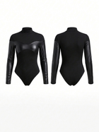 Black Faux Leather Panel Long Sleeve Bodysuit