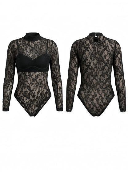 Sexy Lace Long Sleeve High Neck Bodysuit