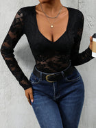 Women's Black Lace Deep V-Neck Long Sleeve Bodysuit