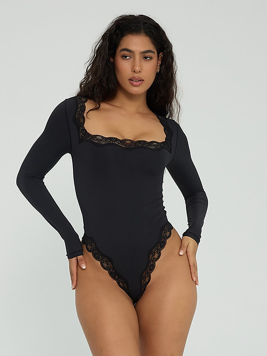 Lace Trim Square Neck Long Sleeve Bodysuit