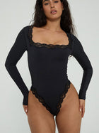 Lace Trim Square Neck Long Sleeve Bodysuit