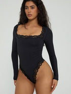 Lace Trim Square Neck Long Sleeve Bodysuit