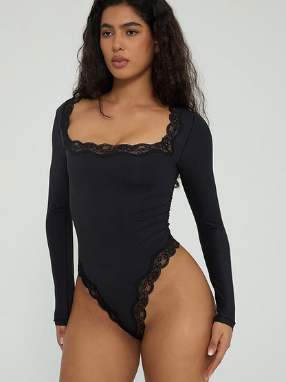 Lace Trim Square Neck Long Sleeve Bodysuit