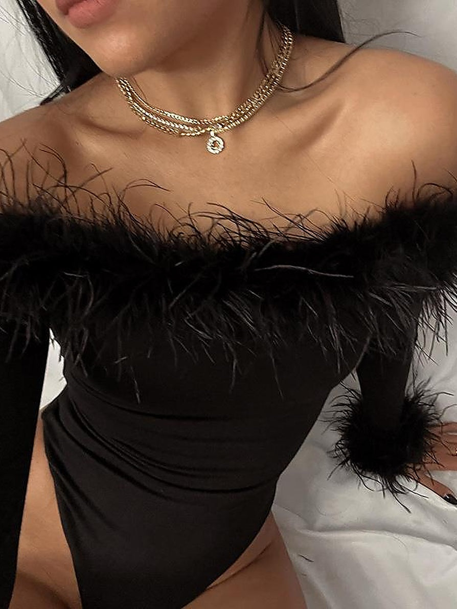 Feather Trim Off-Shoulder Long Sleeve Bodysuit