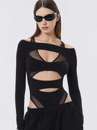 Sheer Mesh Cut-Out Off-Shoulder Bodysuit