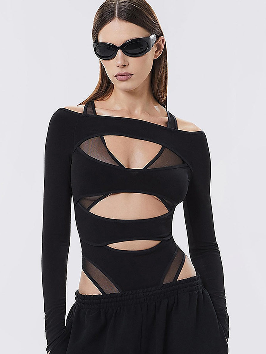 Sheer Mesh Cut-Out Off-Shoulder Bodysuit