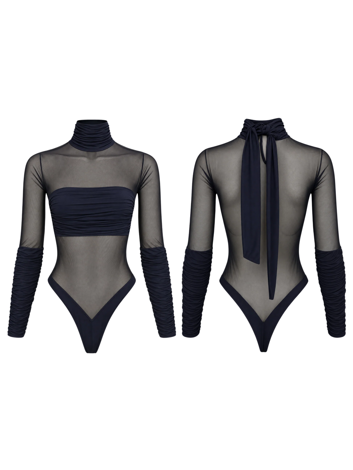 Black Mesh Ruched High Neck Long Sleeve Bodysuit